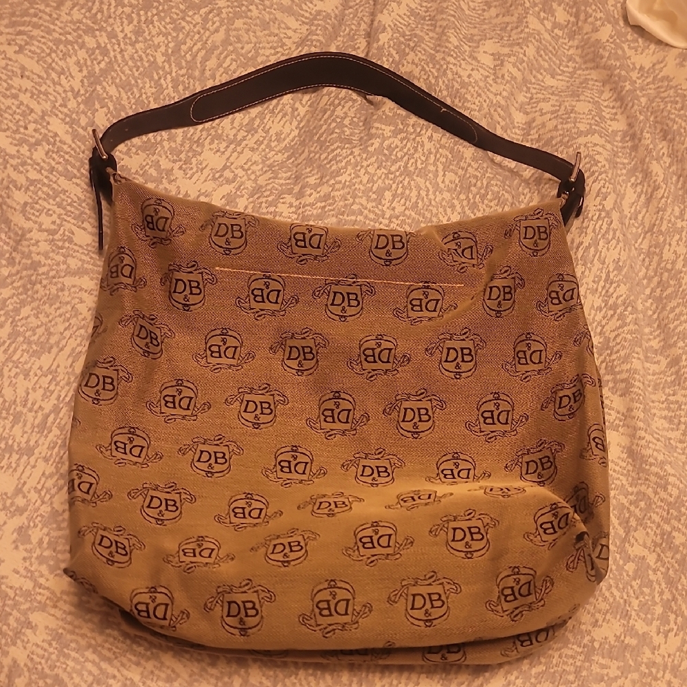 Dooney & Bourke Beige Logo Canvas Shoulder Hobo with Dark Brown Trim